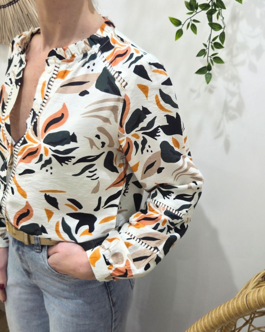 Chemisier femme écru fleurs oranges vertes et noires Saga
