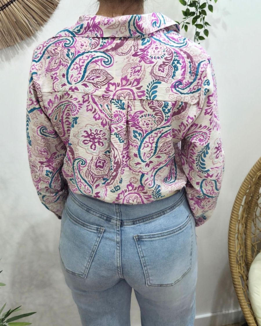 Chemisier femme écru fleurs fuchsia et bleues Célestina