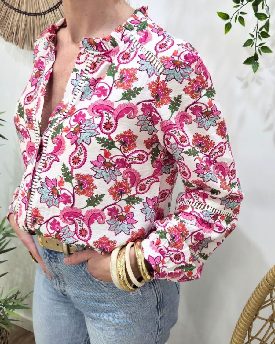 Chemisier femme écru fleurs fuchsia bleues vertes manches brodées Ilaria