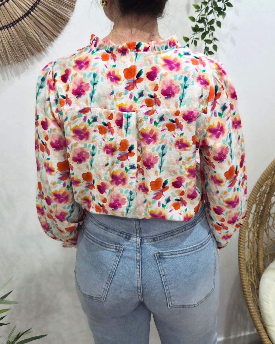 Chemisier femme écru imprimés fleuris oranges fuchsia multicolores