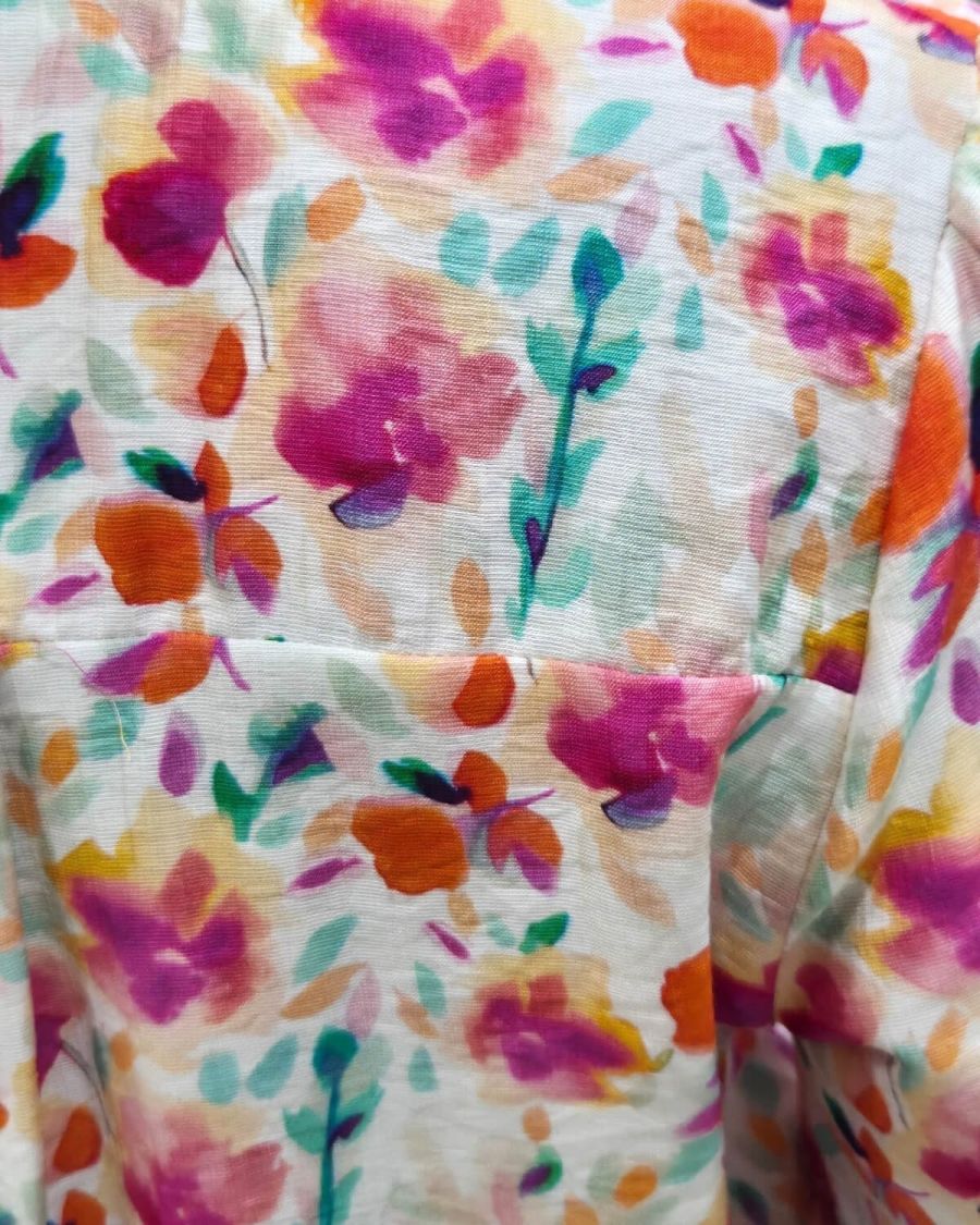 Chemisier femme écru imprimés fleuris oranges fuchsia multicolores