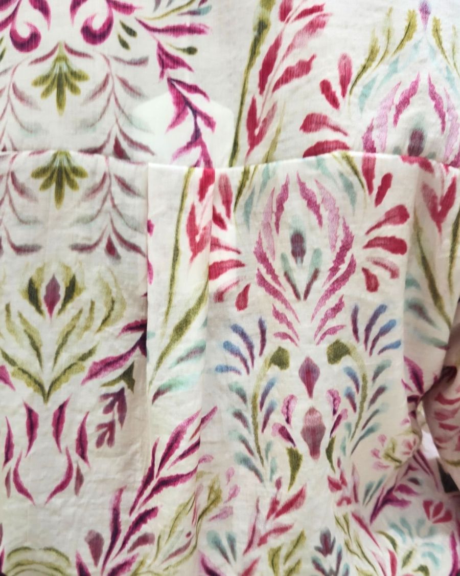 Chemisier fin femme rose feuillages verts et fuchsia