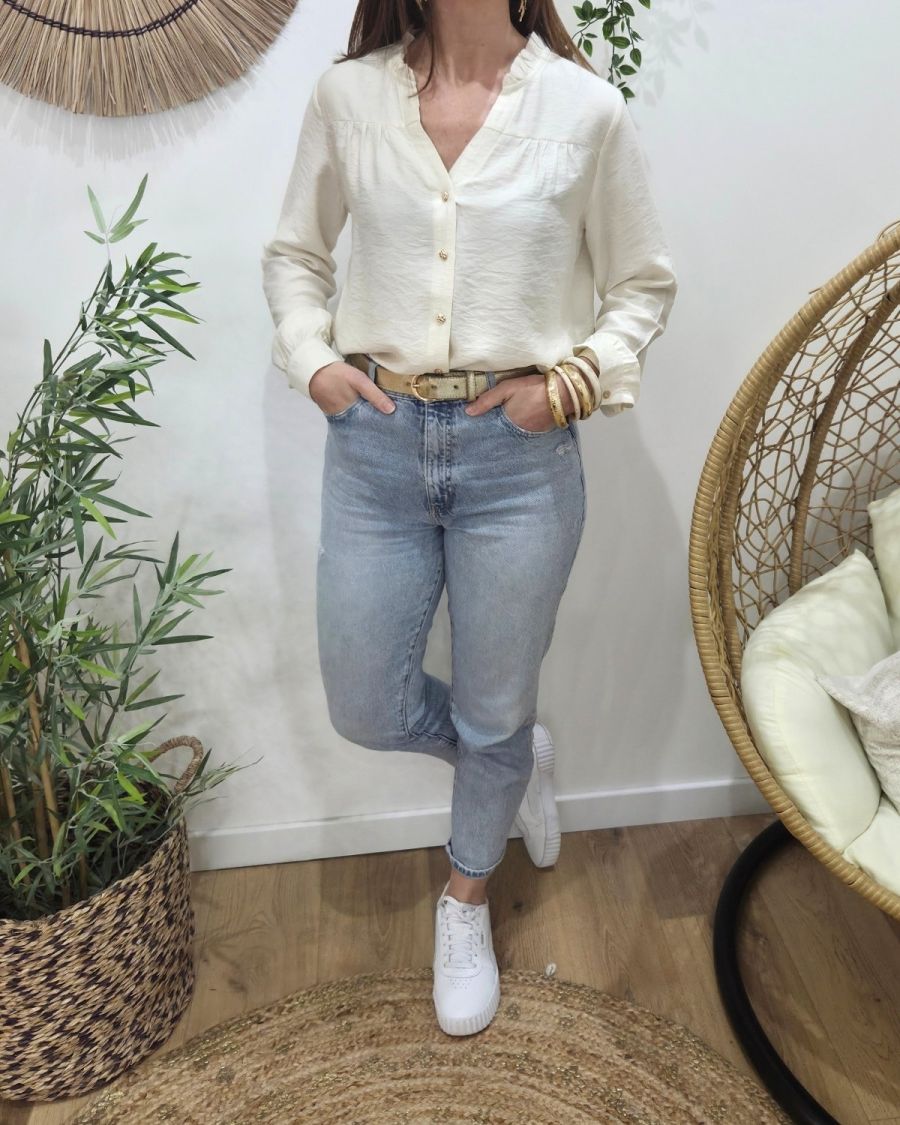 Chemisier femme uni beige col mao
