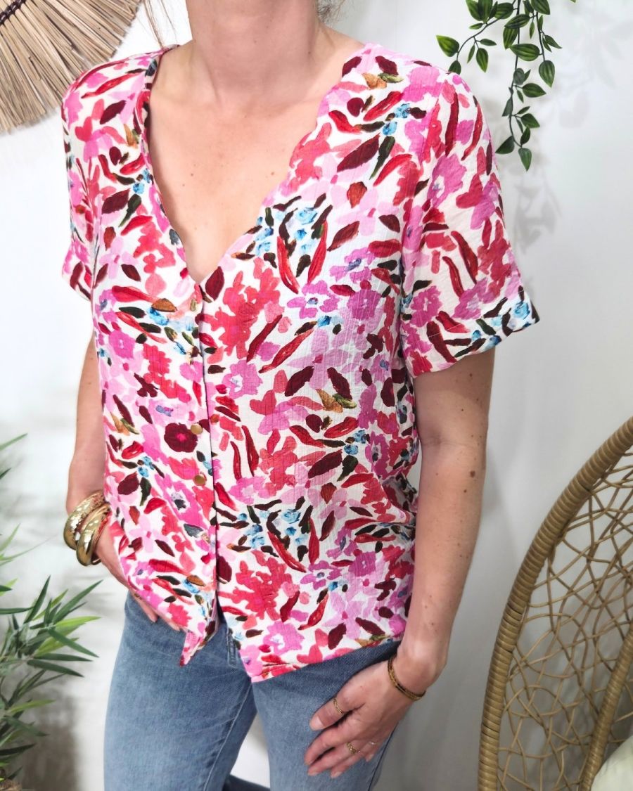 Chemisier femme manches courtes motifs roses multicolores Brizia
