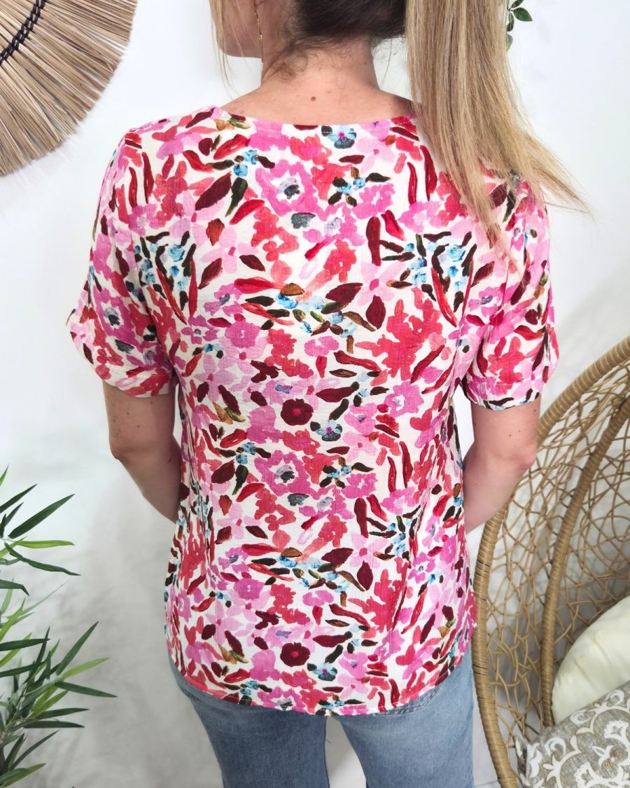 Chemisier femme manches courtes motifs roses multicolores Brizia