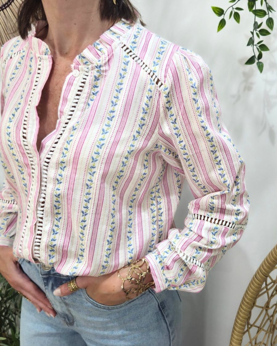 Chemisier femme blanc rayures fuchsia fleurs jaunes et bleues