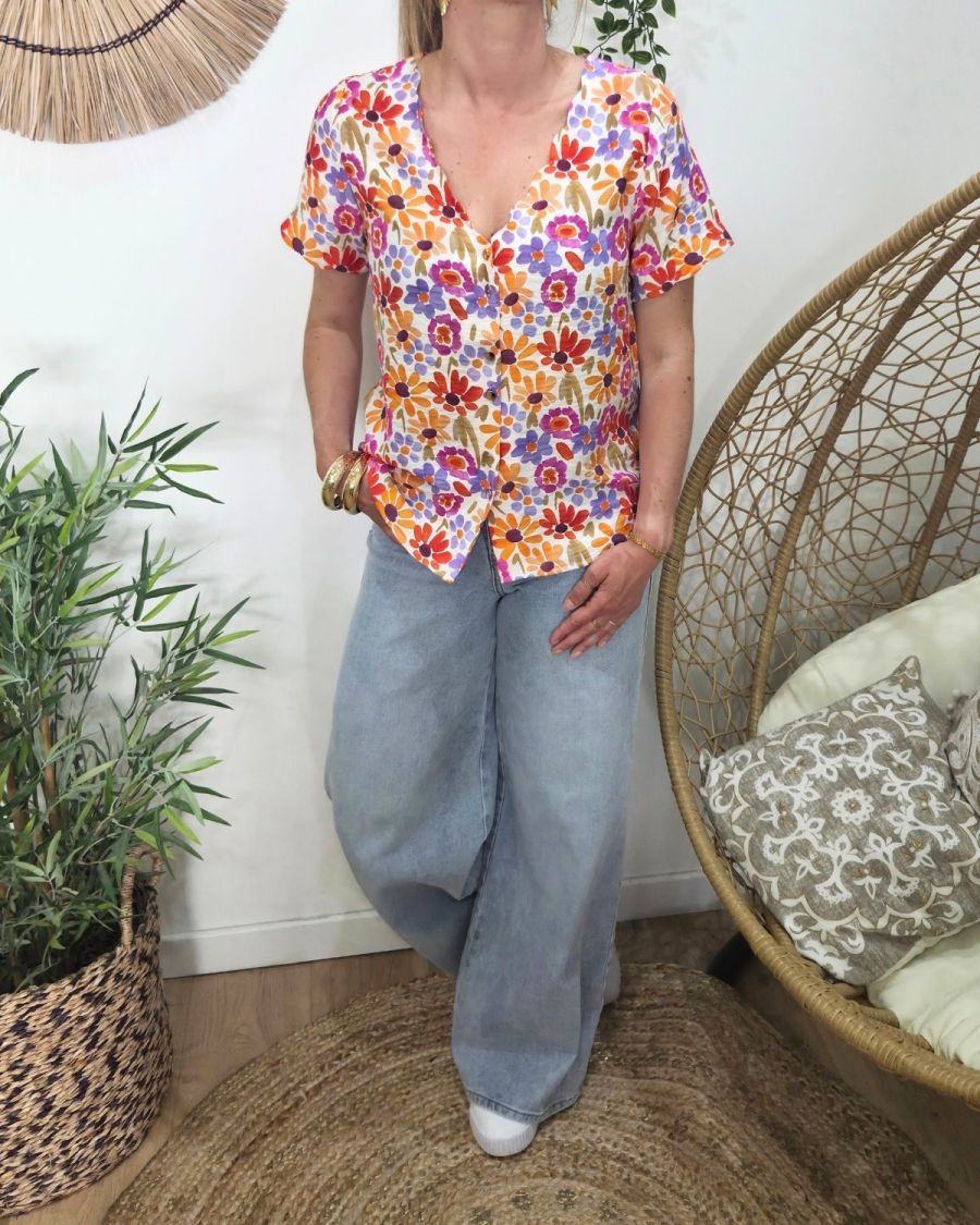Chemisier femme manches courtes rose orange et violet Isotta