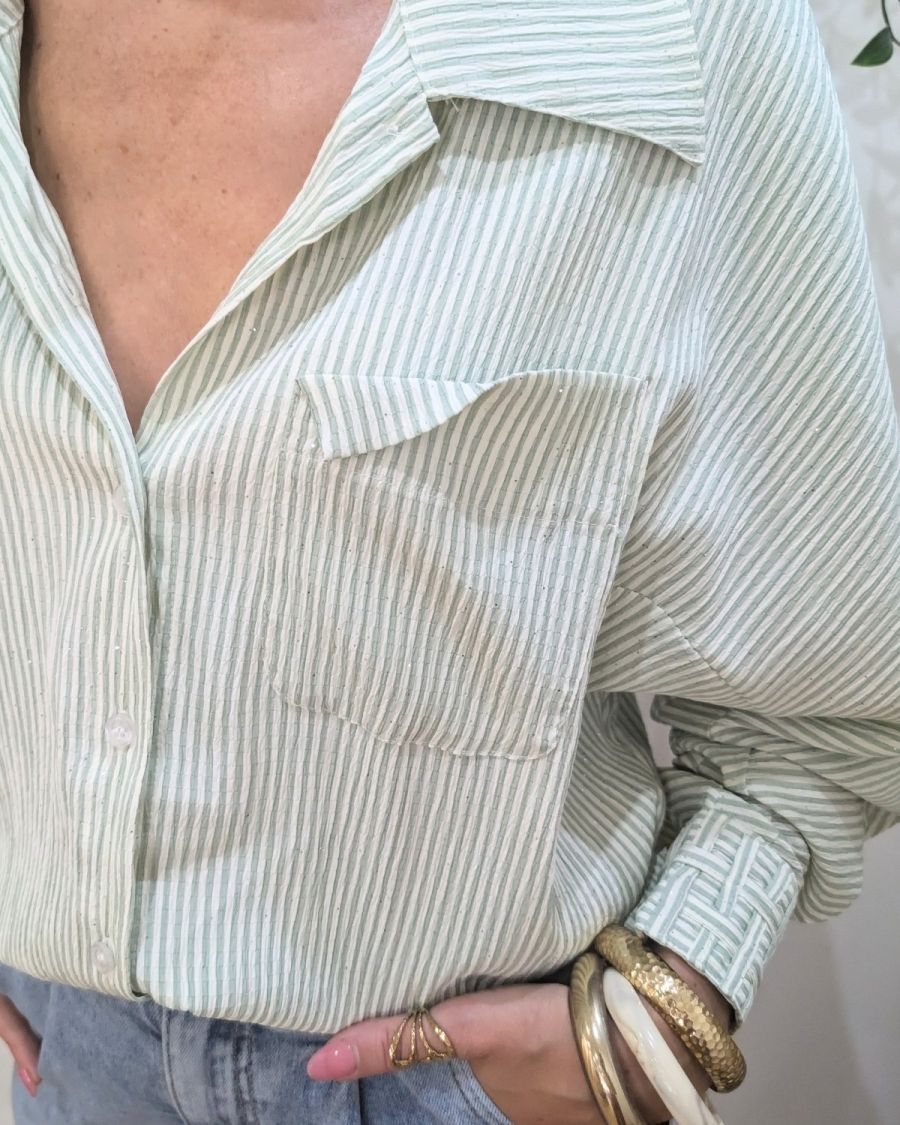 Chemisier femme vert pailleté à rayures