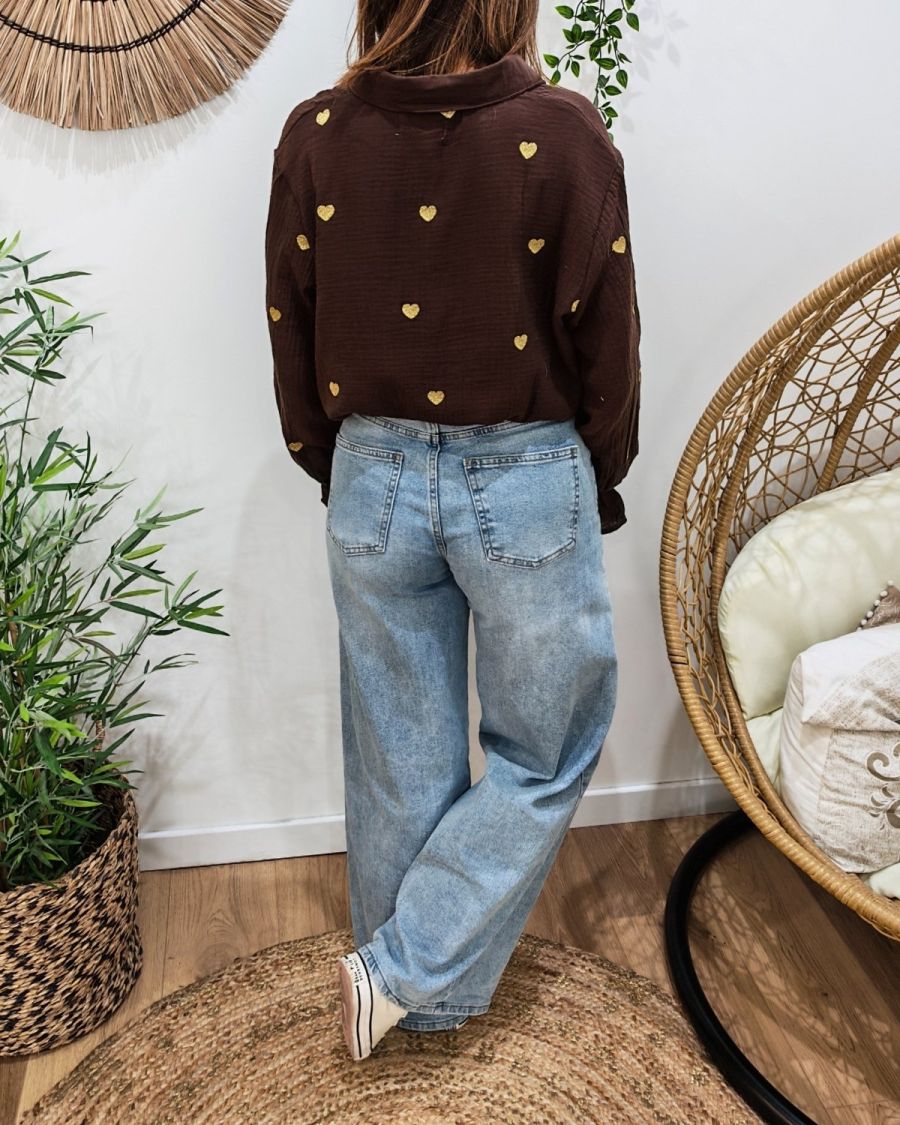 Chemisier femme coton gaze marron coeurs brodés dorés