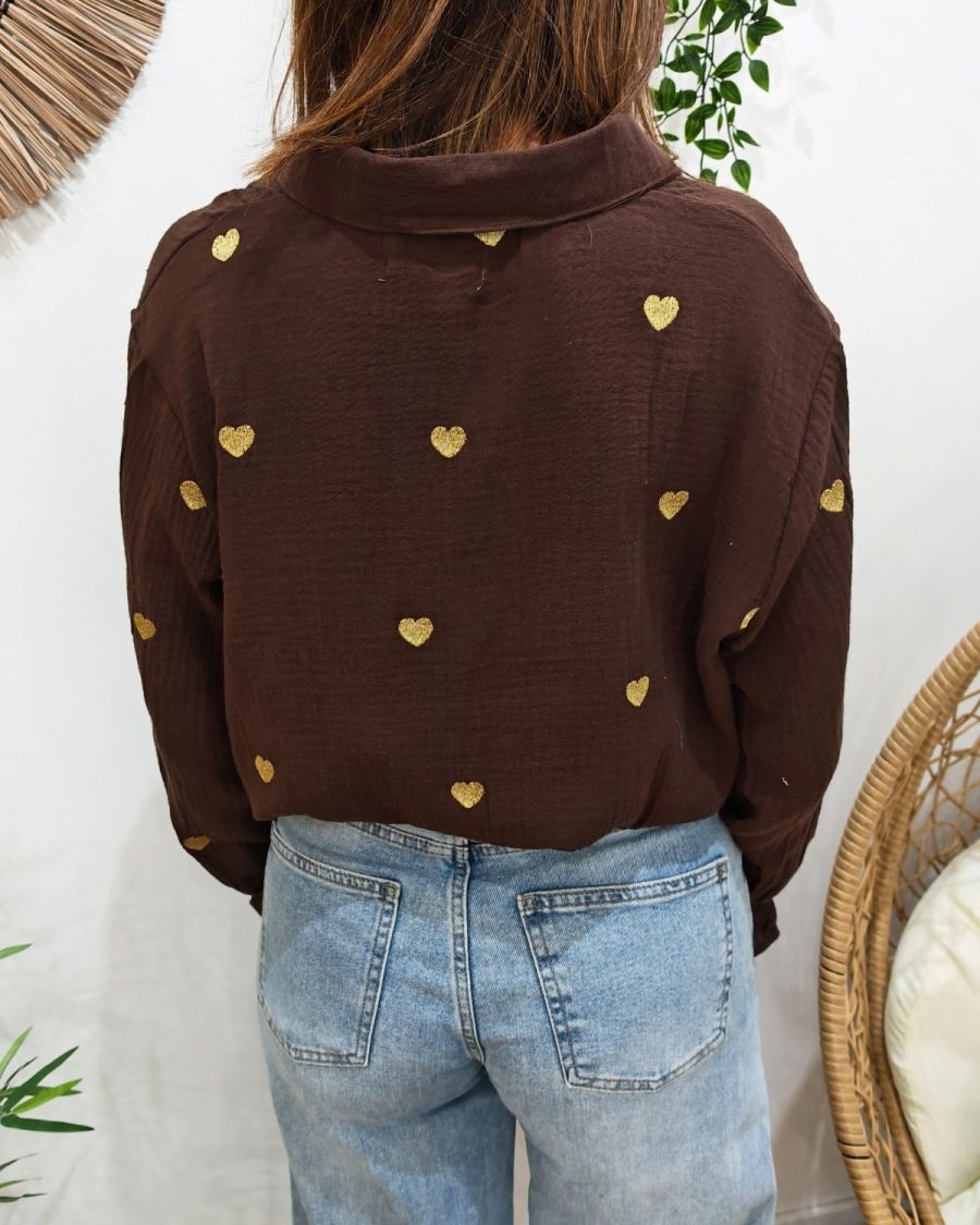 Chemisier femme coton gaze marron coeurs brodés dorés