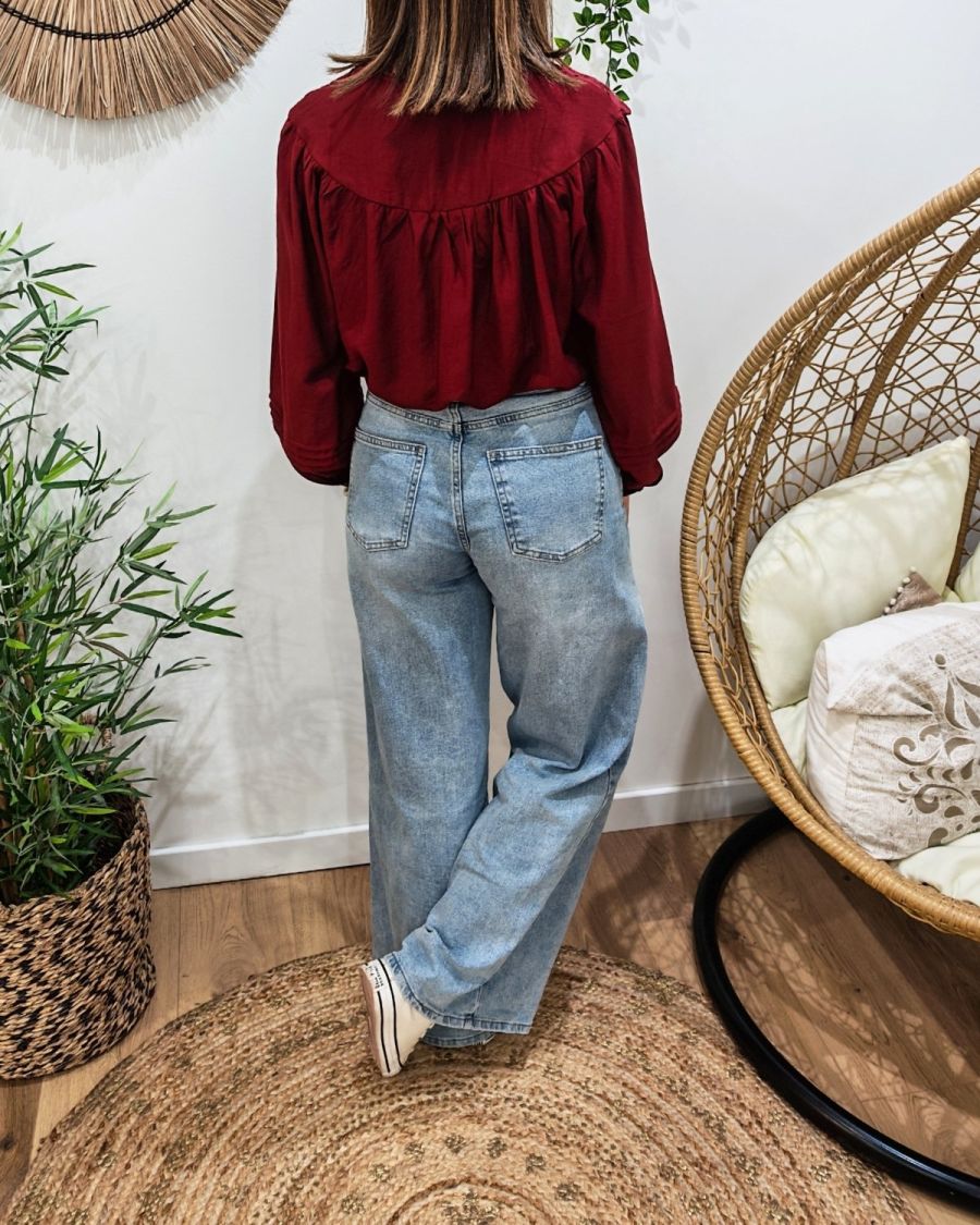 Chemisier femme bordeaux brodé col mao Mafalda