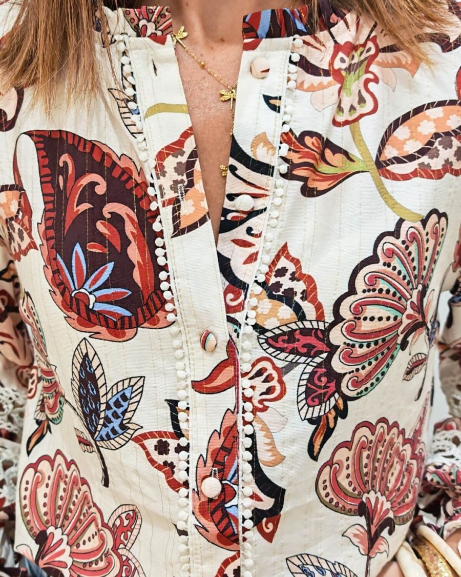 Chemisier femme beige fleurs terracotta multicolores Maddalena