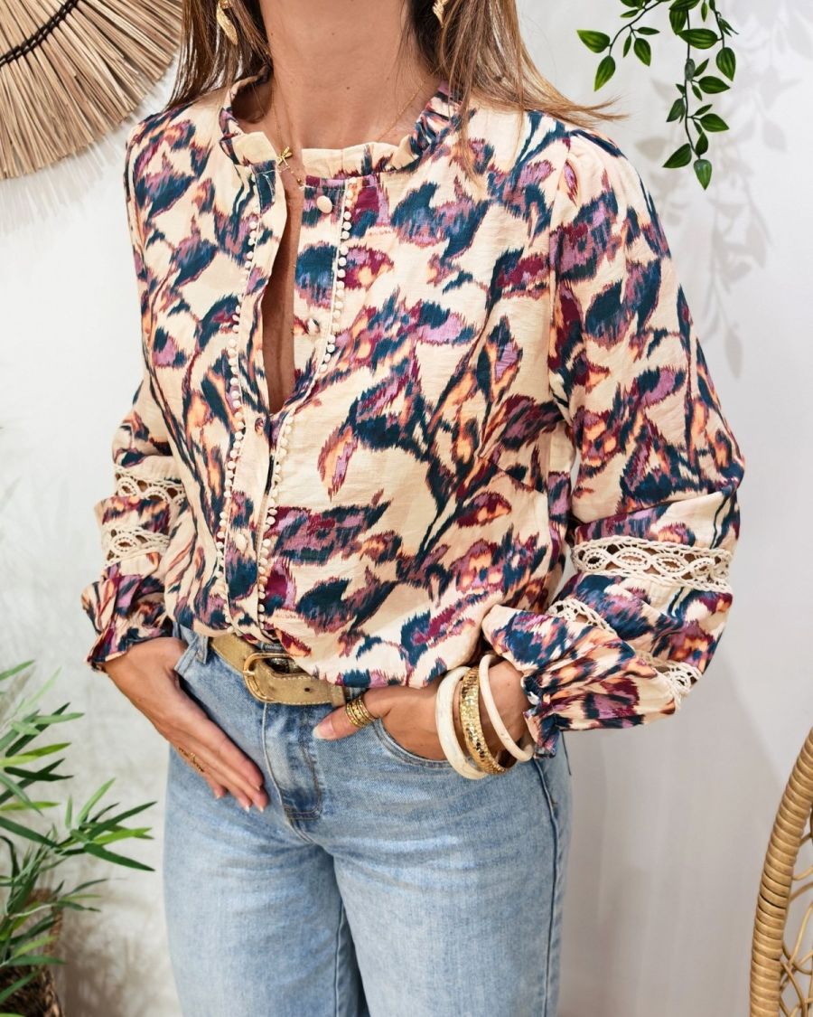 Chemisier femme beige  motifs multicolores Imelda