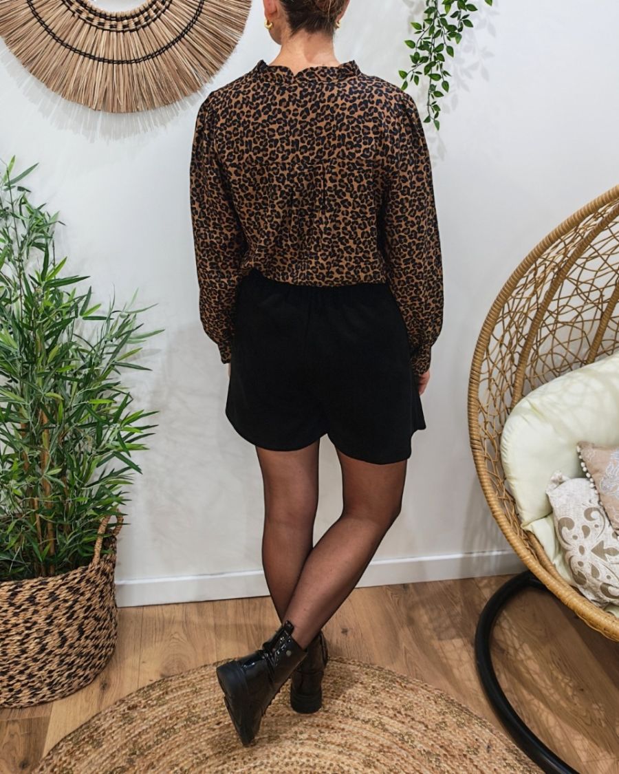 Chemisier femme léopard marron et noir à broderies Leonor