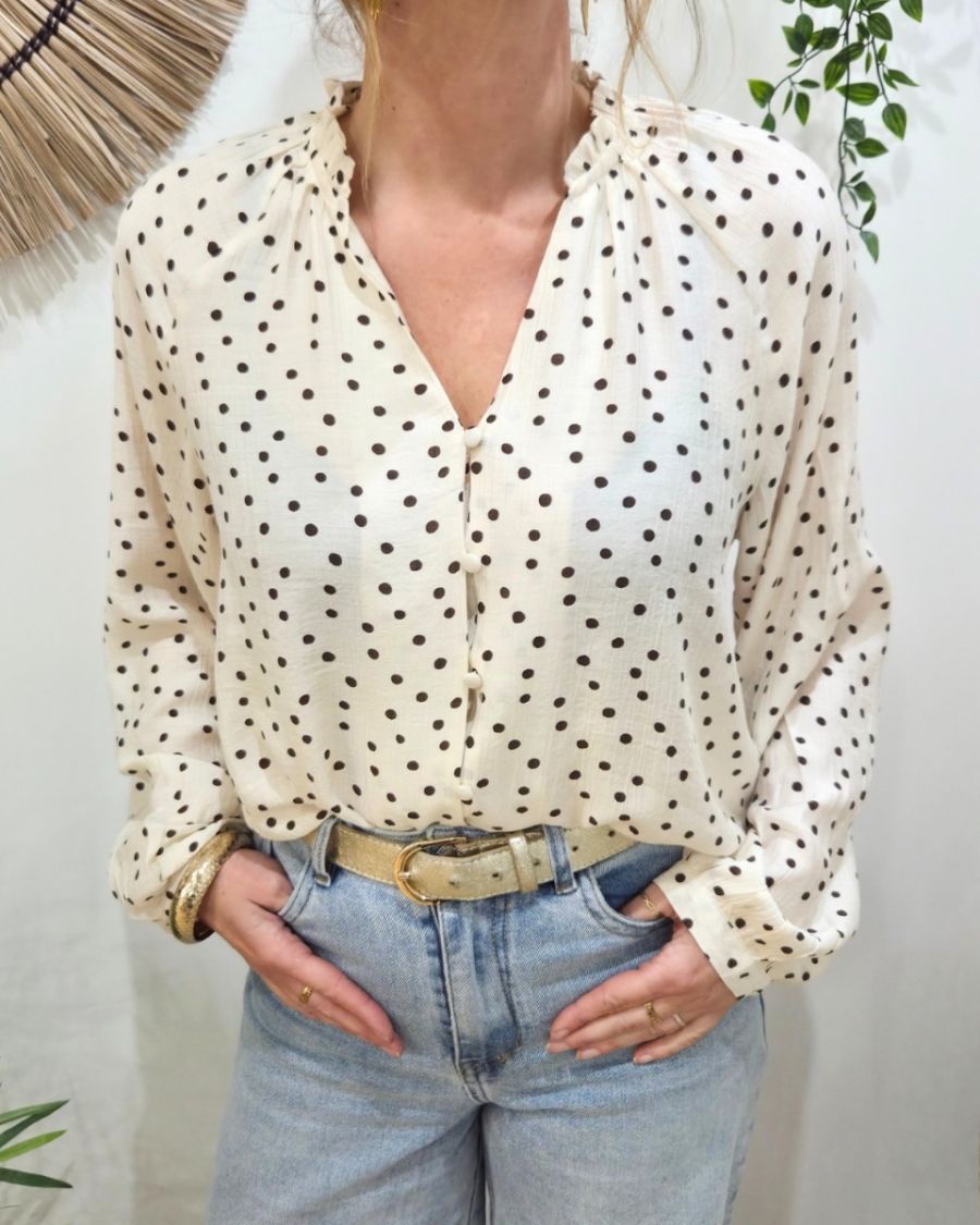 Chemisier femme beige à pois marrons col froncé