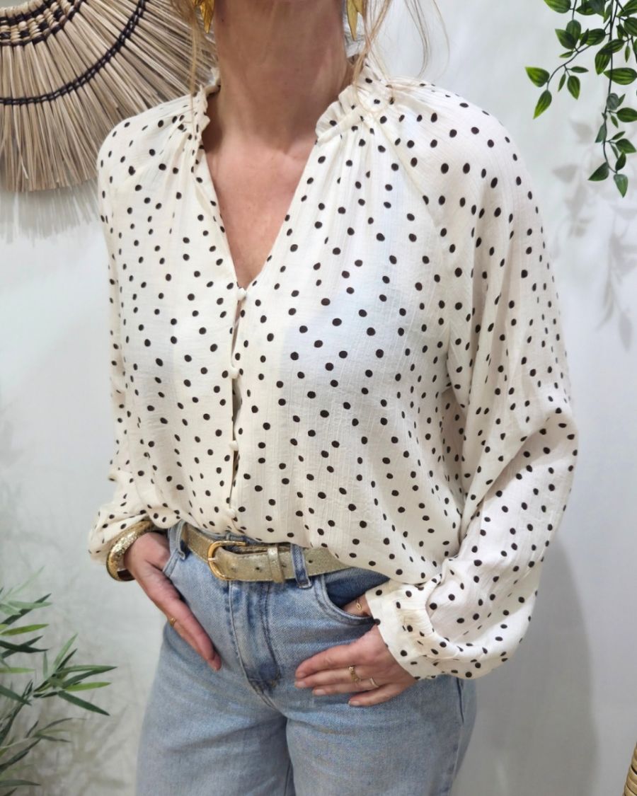 Chemisier femme beige à pois marrons col froncé