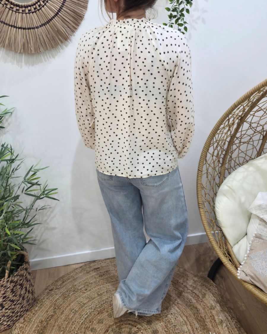 Chemisier femme beige à pois marrons col froncé