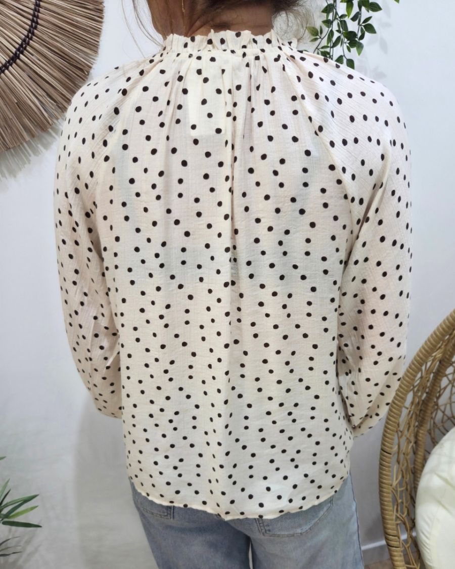 Chemisier femme beige à pois marrons col froncé