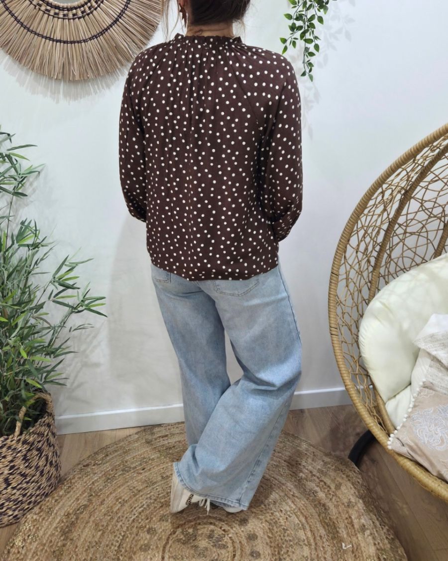 Chemisier femme marron à pois blancs col froncé