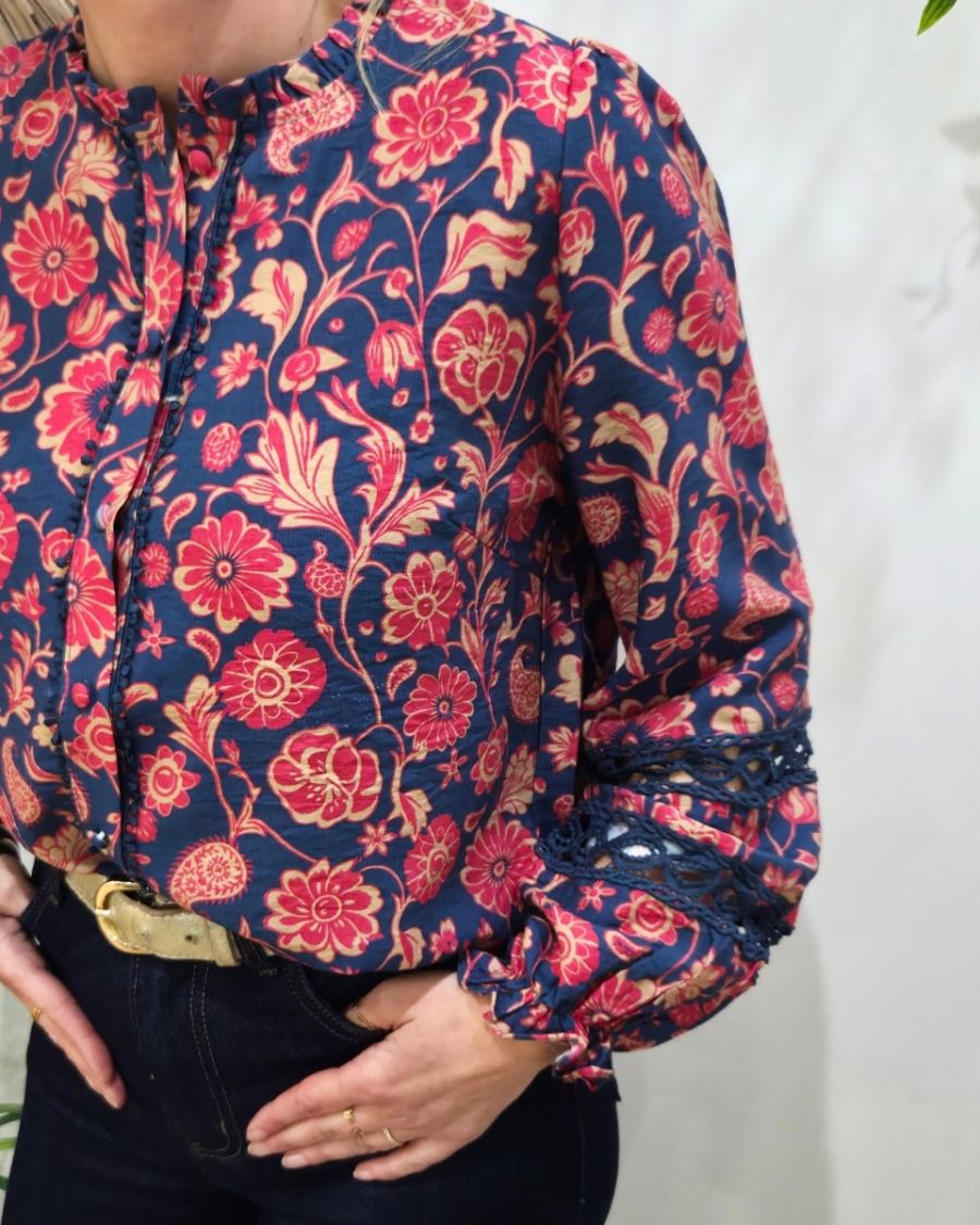Chemisier femme marine fleurs rouges et taupes Margarida