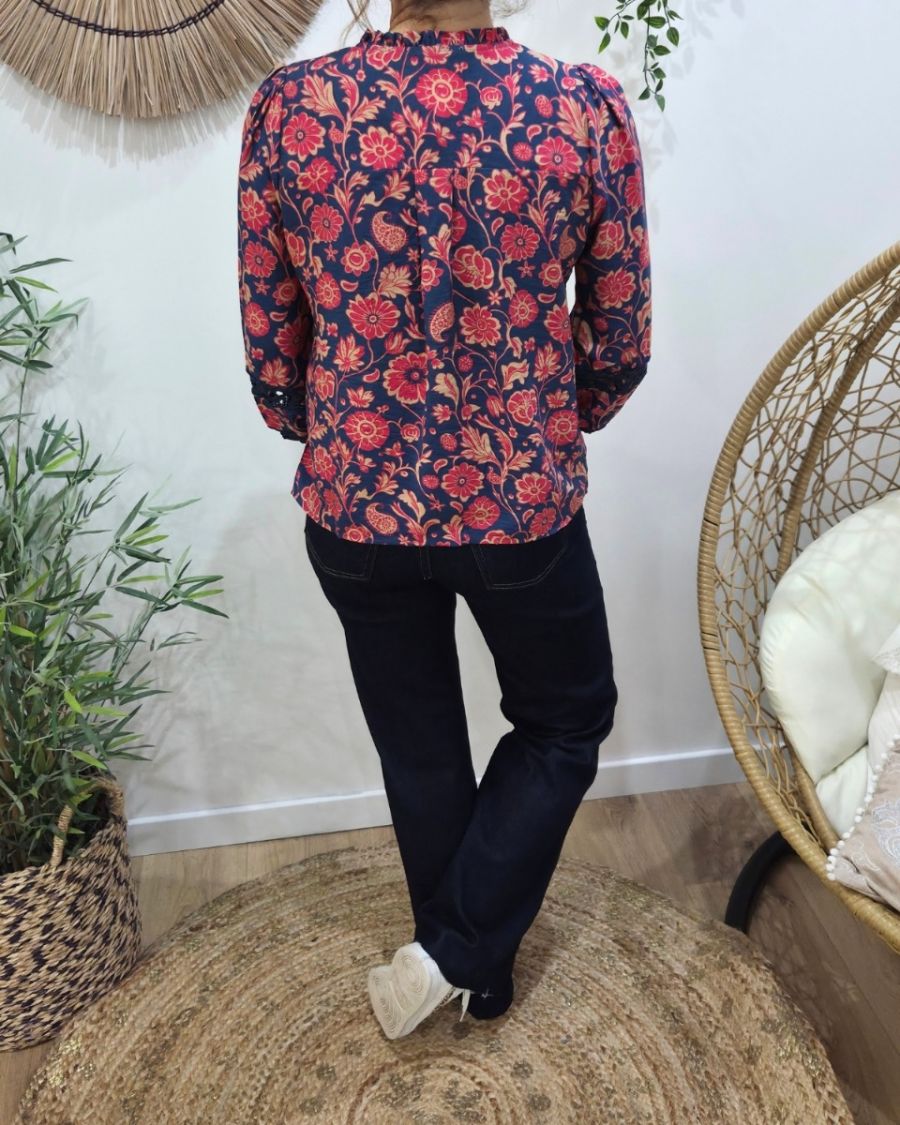 Chemisier femme marine fleurs rouges et taupes Margarida