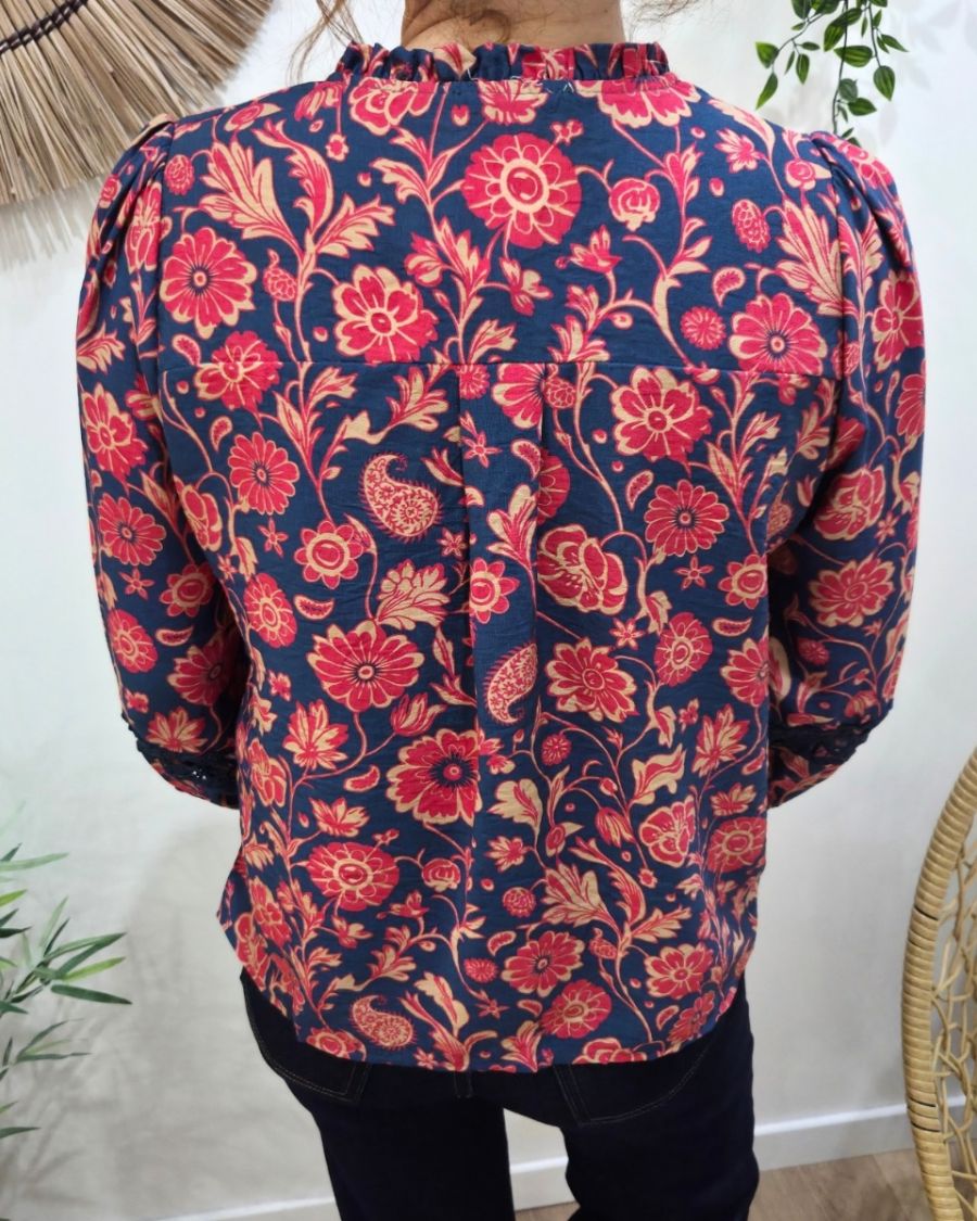 Chemisier femme marine fleurs rouges et taupes Margarida