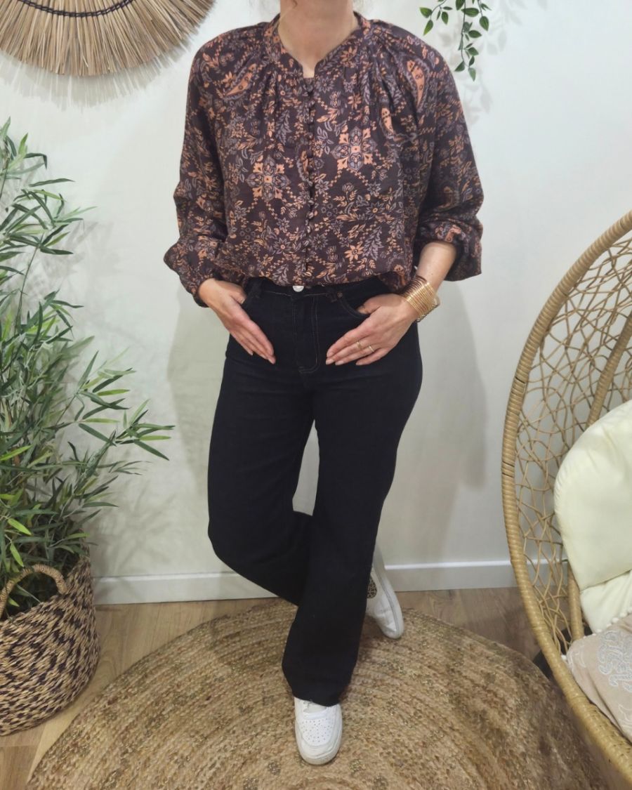 Chemisier femme marron motifs fleuris orangés Urbana