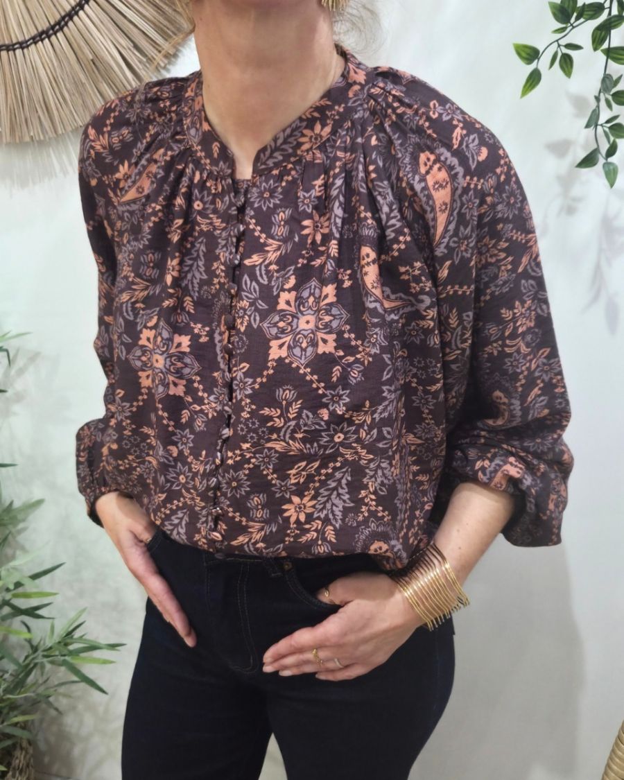 Chemisier femme marron motifs fleuris orangés Urbana
