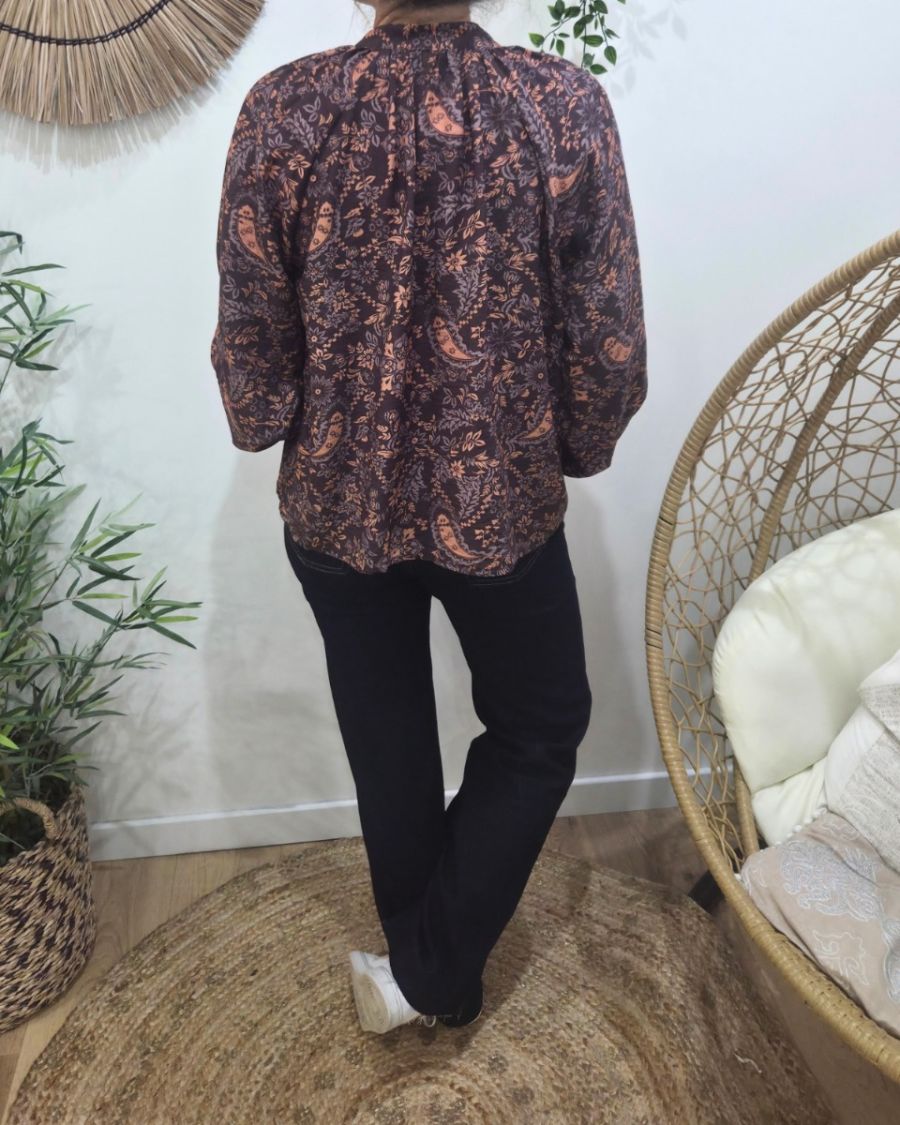 Chemisier femme marron motifs fleuris orangés Urbana