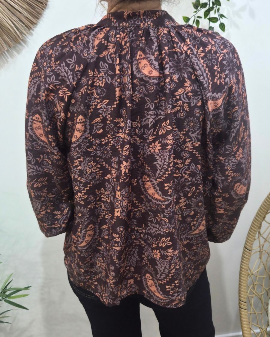 Chemisier femme marron motifs fleuris orangés Urbana