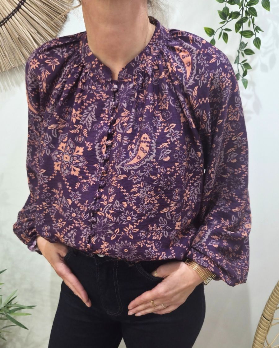 Chemisier femme violet motifs fleuris orangés Urbana