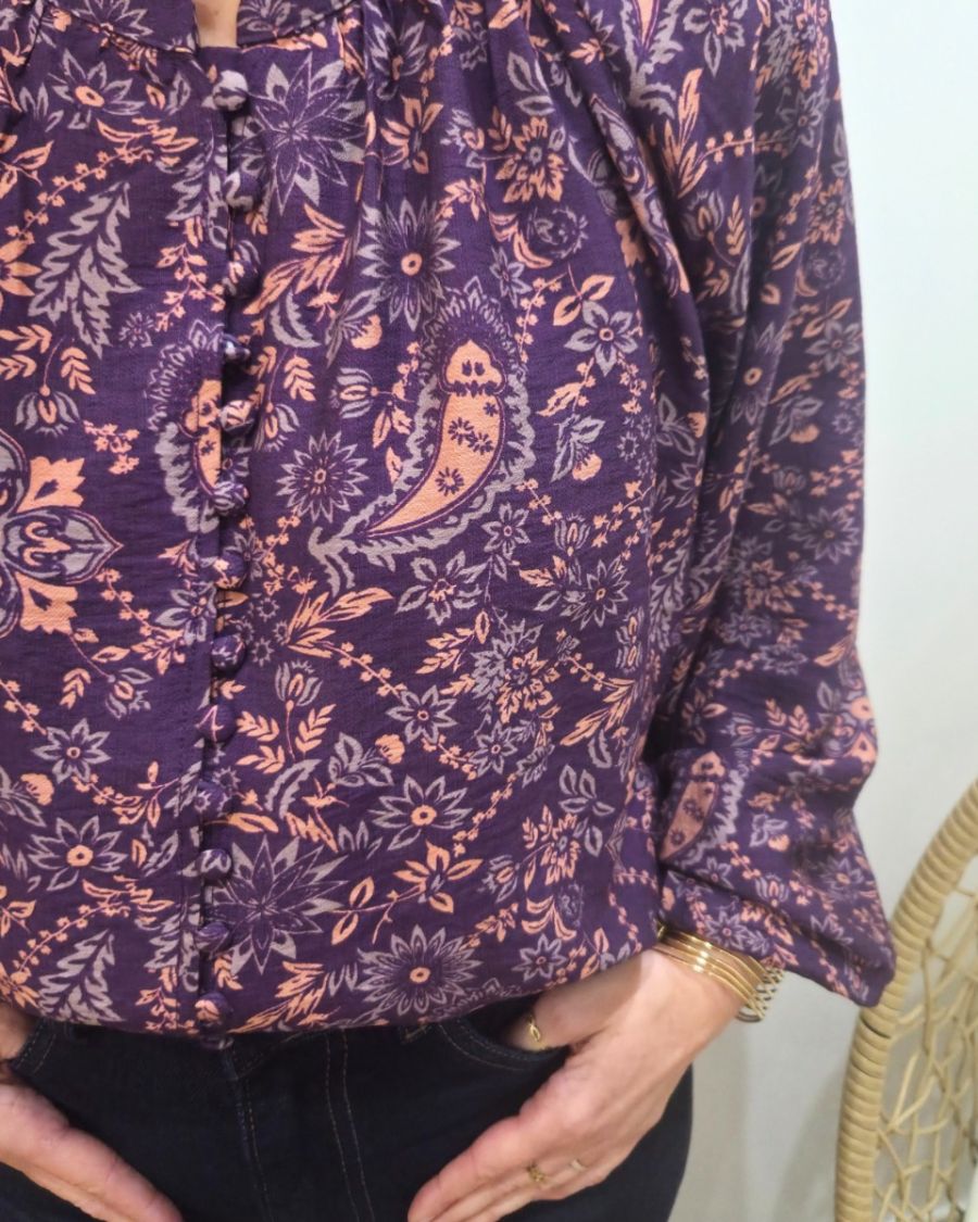 Chemisier femme violet motifs fleuris orangés Urbana