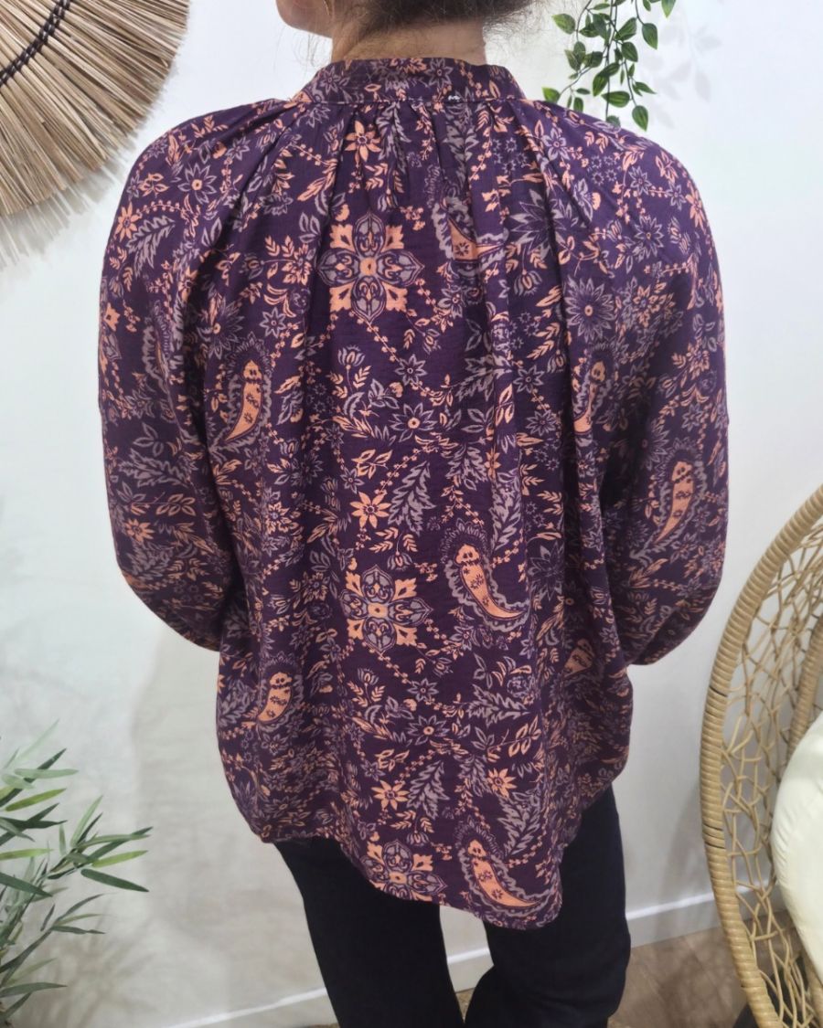 Chemisier femme violet motifs fleuris orangés Urbana
