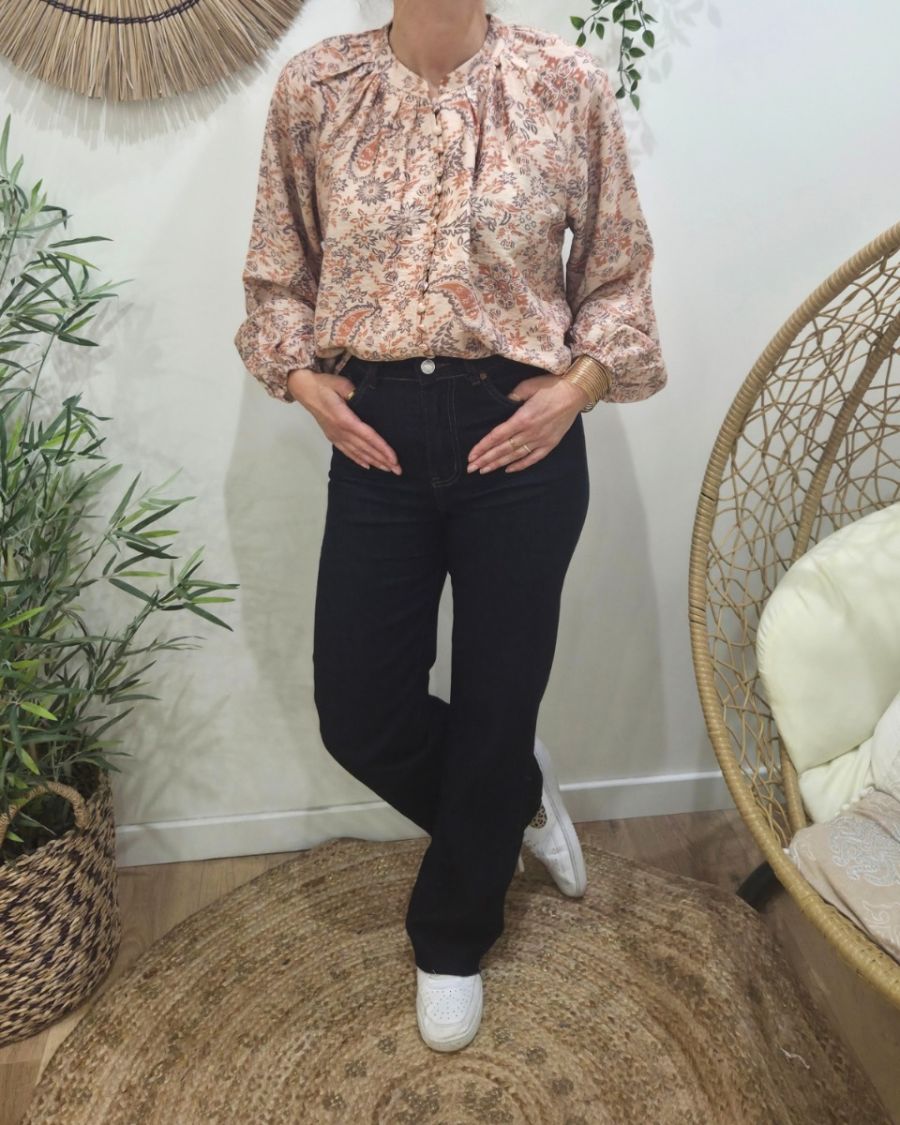 Chemisier femme beige motifs fleuris orangés Urbana