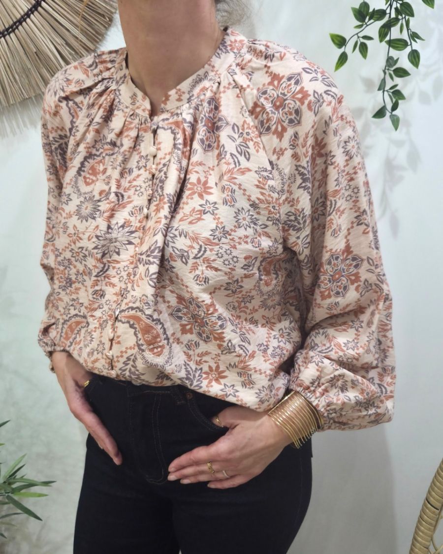 Chemisier femme beige motifs fleuris orangés Urbana