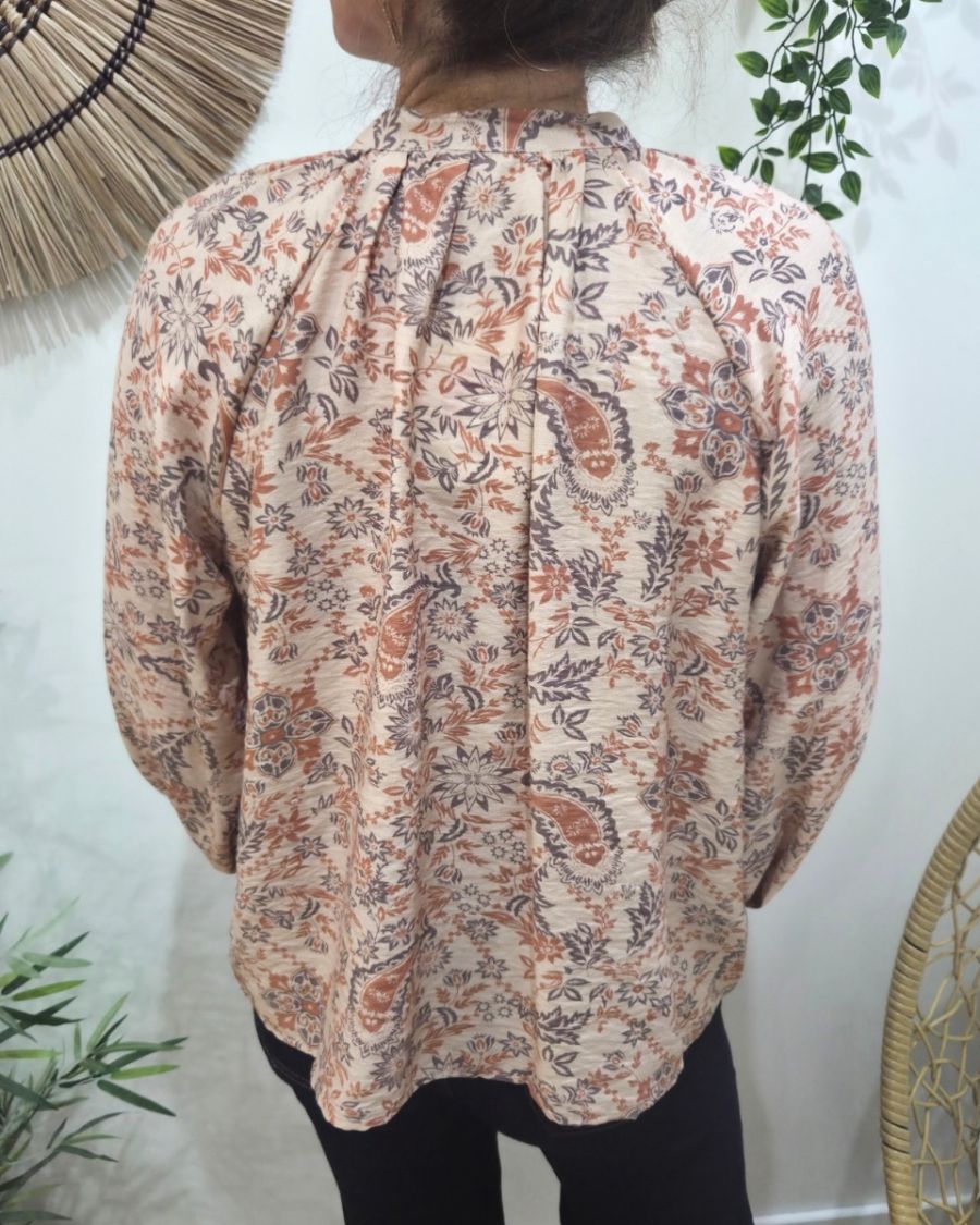Chemisier femme beige motifs fleuris orangés Urbana