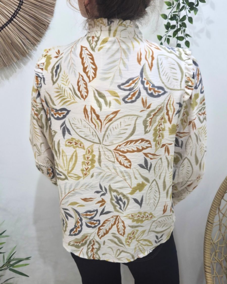 Chemisier femme écru motifs fleuris verts camels gris Soraia