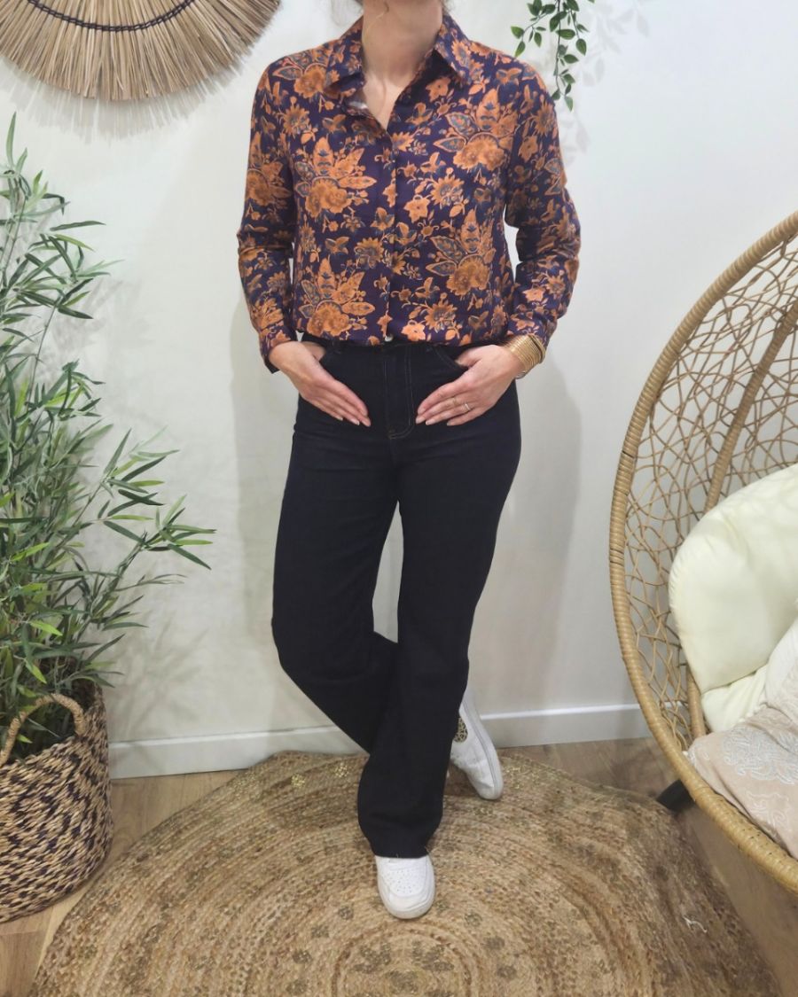 Chemisier femme bleu motifs fleuris terracotta Palmira