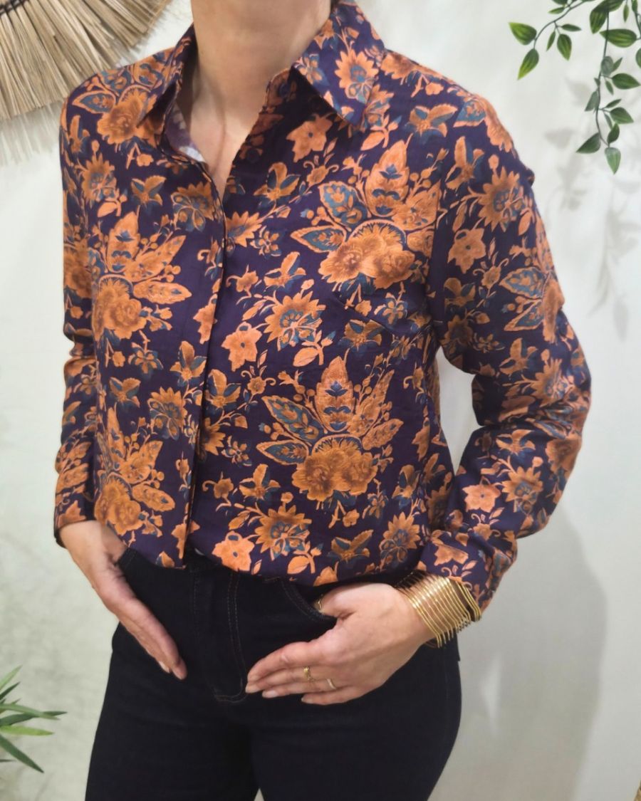 Chemisier femme bleu motifs fleuris terracotta Palmira