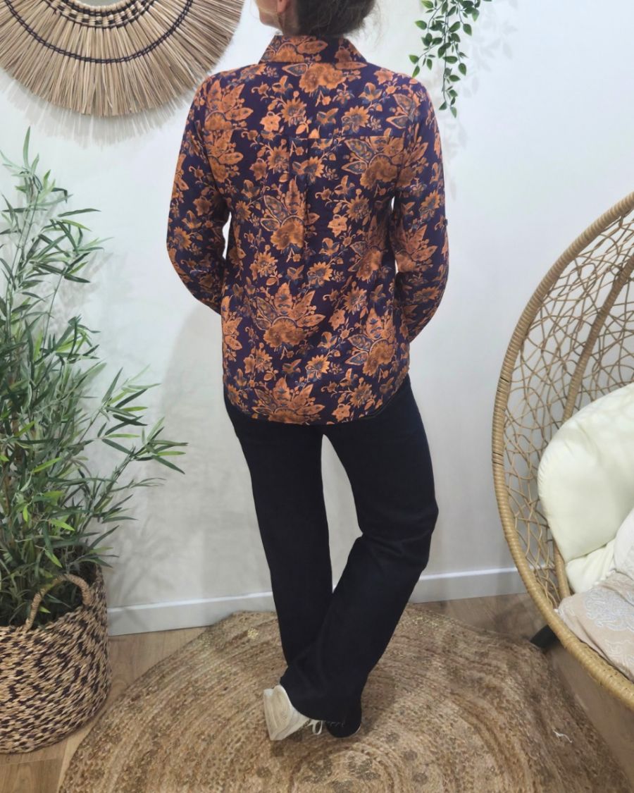 Chemisier femme bleu motifs fleuris terracotta Palmira