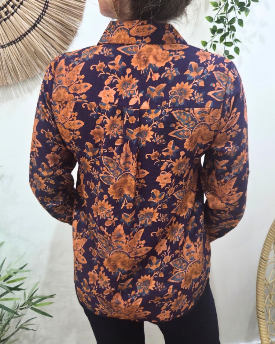 Chemisier femme bleu motifs fleuris terracotta Palmira
