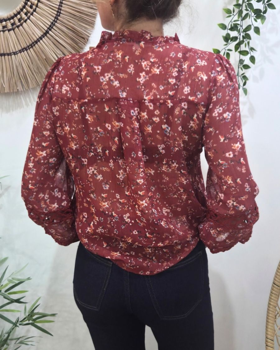 Chemisier femme rouge bordeaux fleurs liberty et broderies Otilia