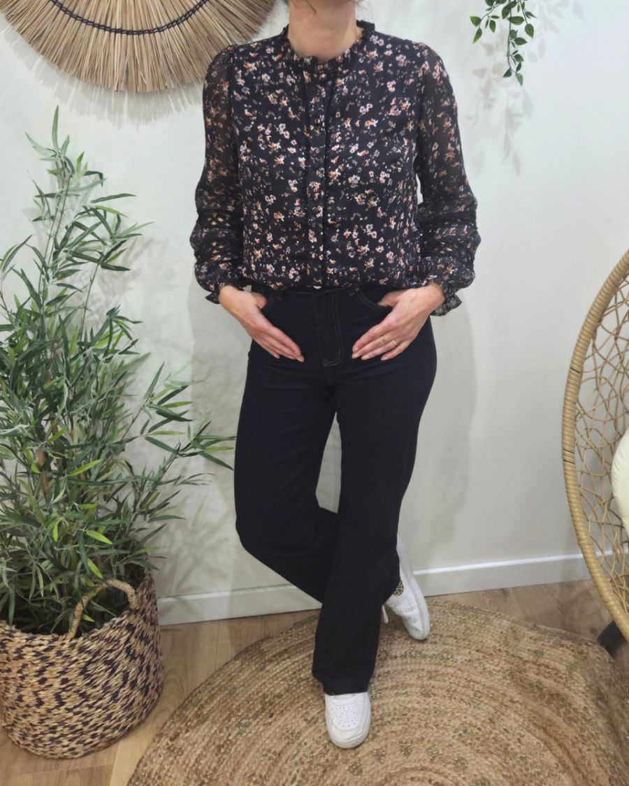 Chemisier femme noir fleurs liberty et broderies Otilia