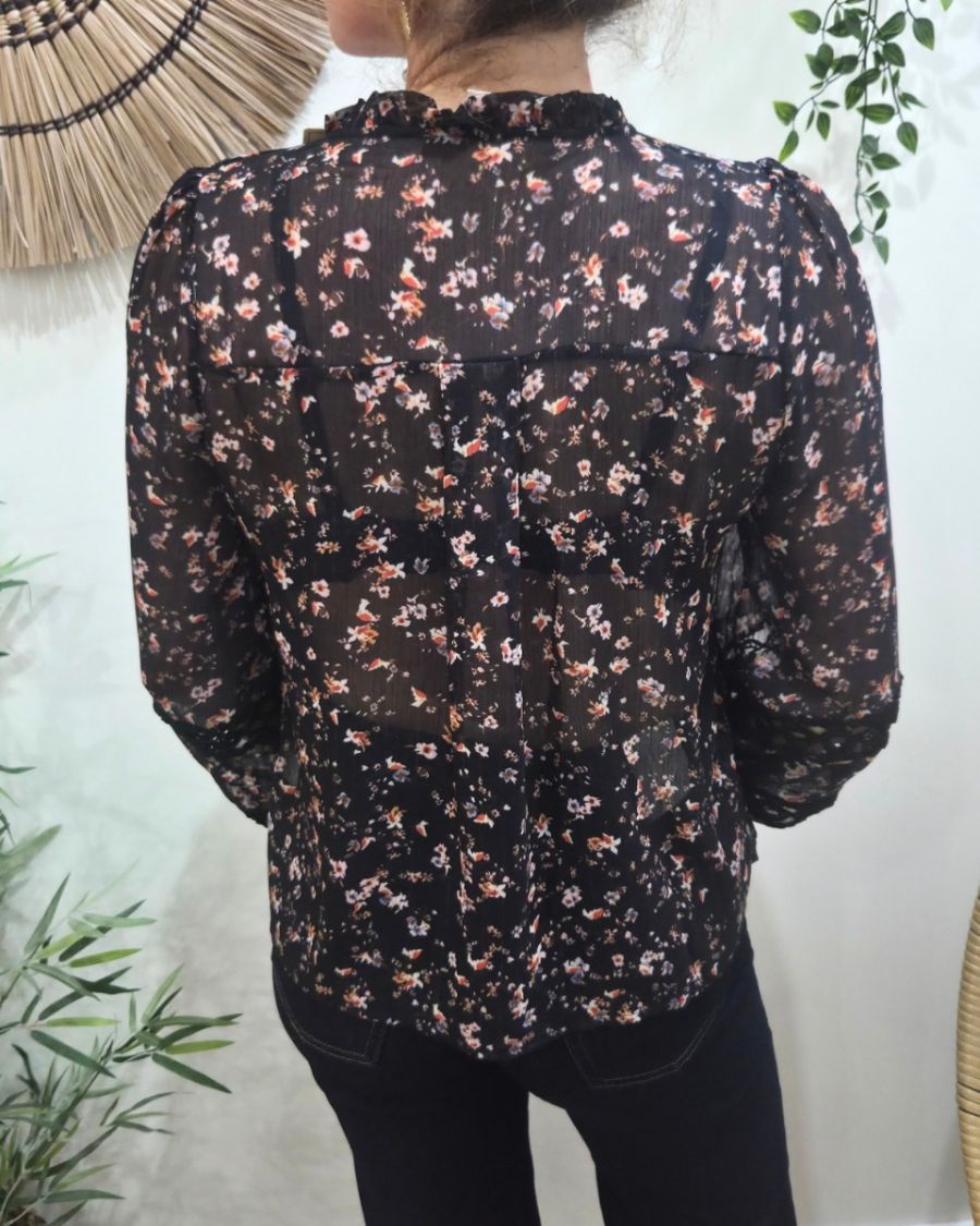 Chemisier femme noir fleurs liberty et broderies Otilia