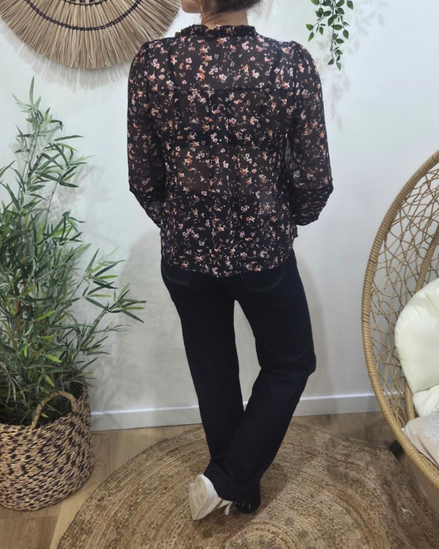 Chemisier femme noir fleurs liberty et broderies Otilia