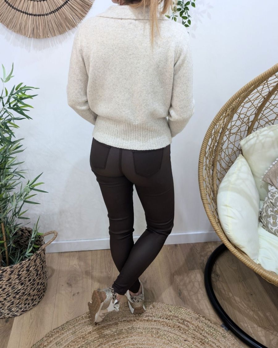 Pantalon femme similicuir marron choco skinny