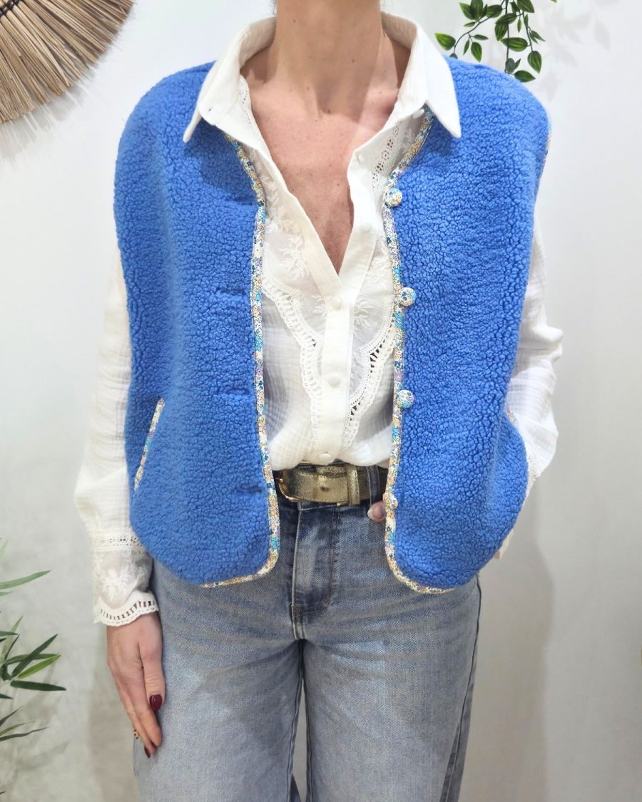Gilet sans manches femme sans manche bouclettes bleu Eden