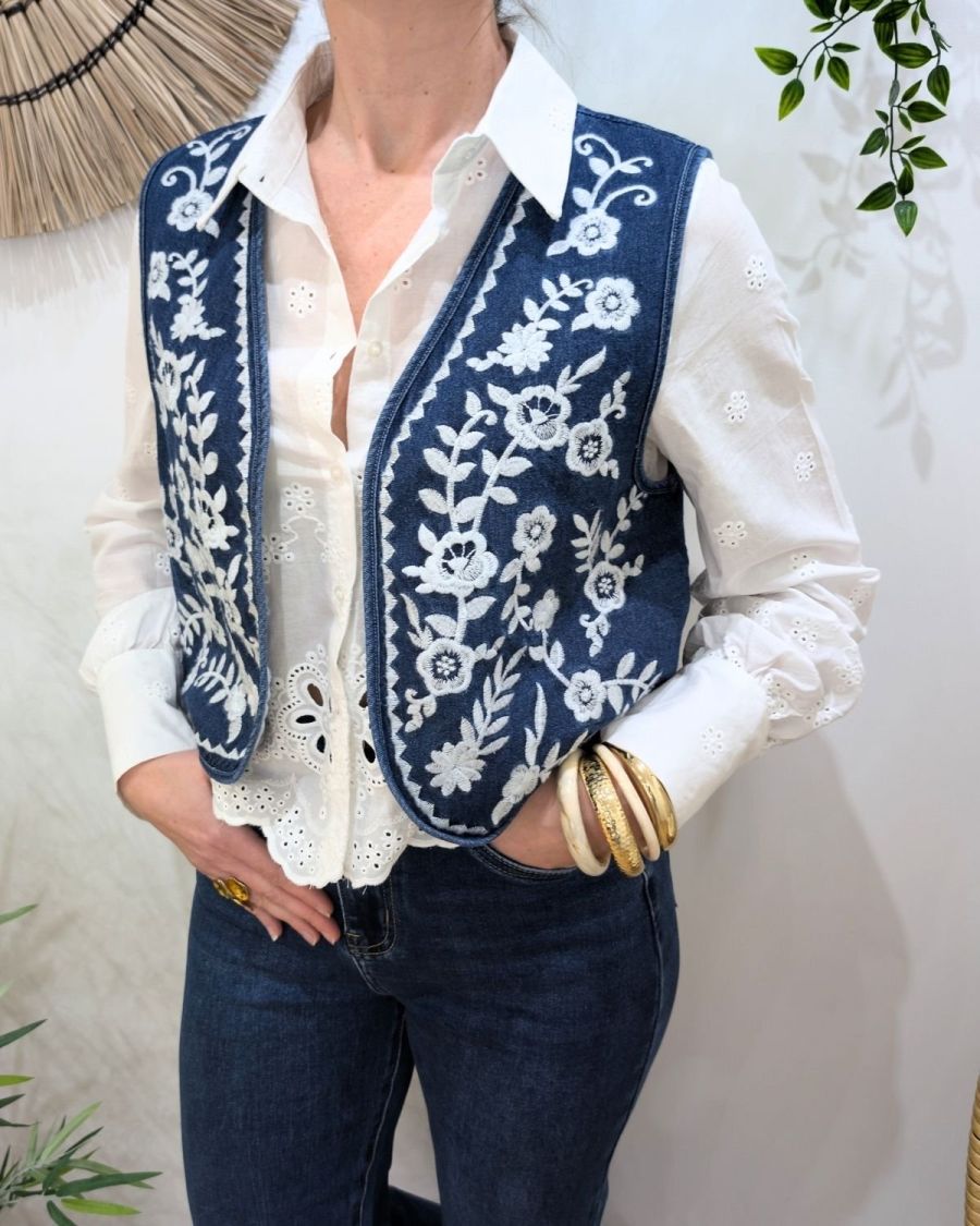 Boléro femme coton jean bleu broderies blanches