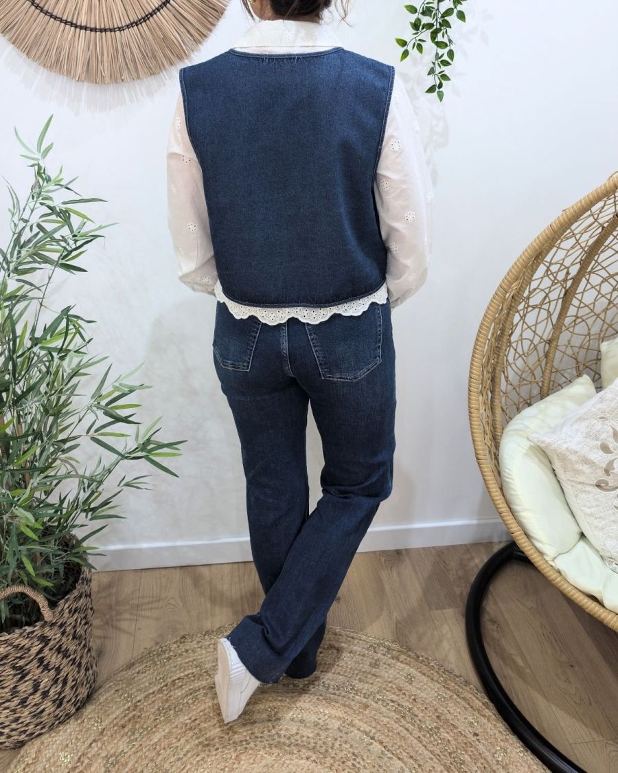 Boléro femme coton jean bleu broderies blanches