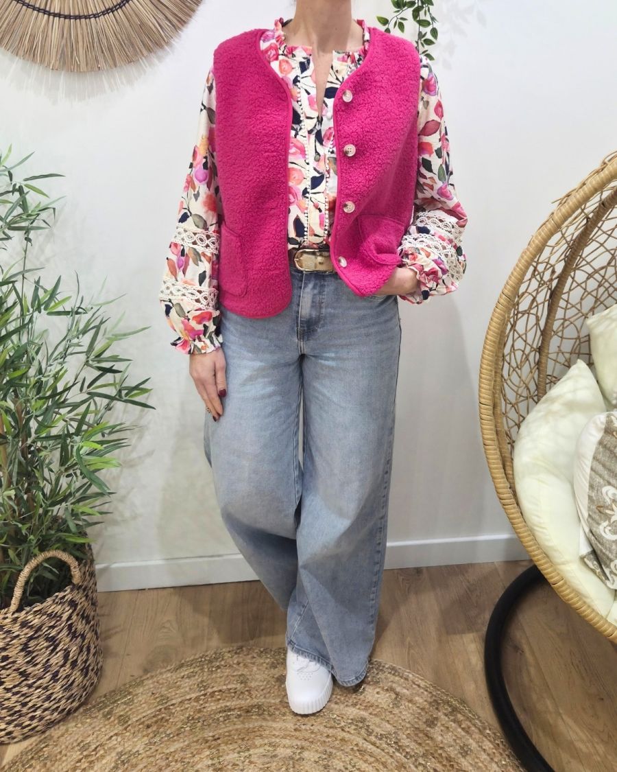 Gilet femme sans manche bouclettes rose fuchsia Alya